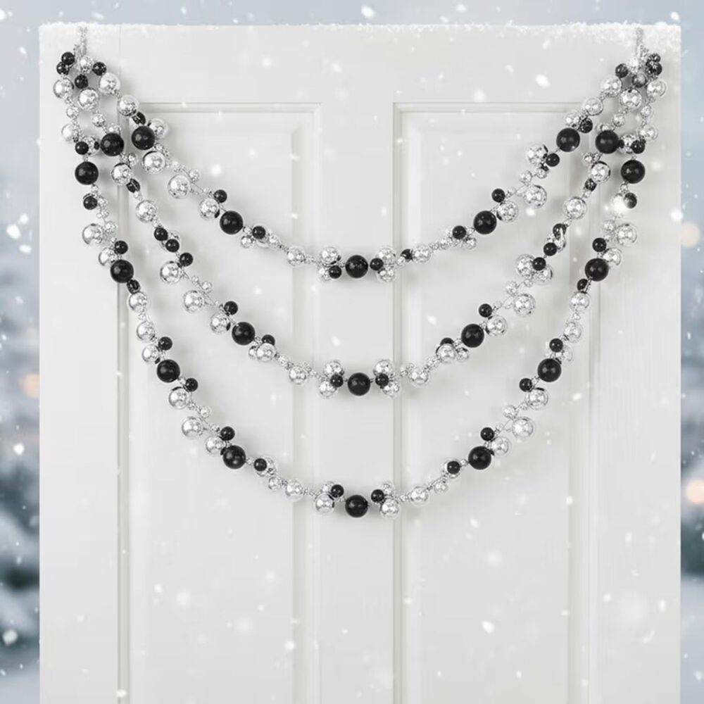 Set of 2 Black/Silver Christmas Ornament Garlands 6ft NEW